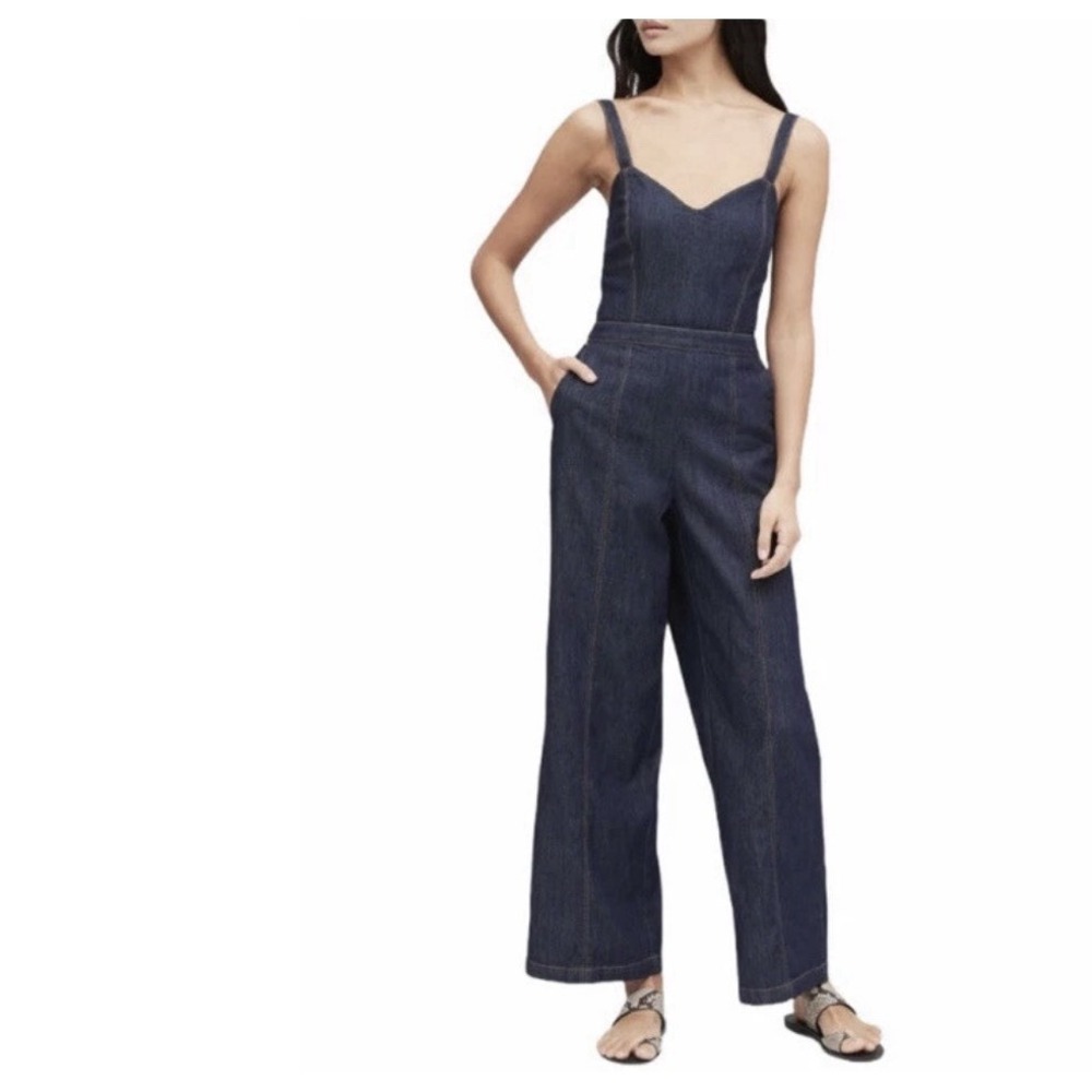 Banana Republic Denim Sweetheart Jumpsuit Size 0 Wide Leg Sweetheart Neckline